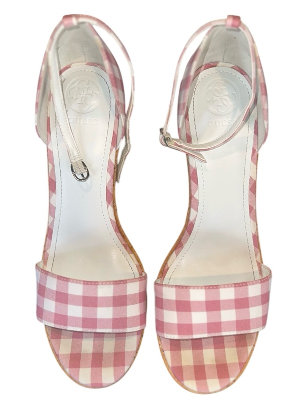 Guess Gingham Cork Wedge Sandals Womens Pink & White Checkered Size 9.5 - Picture 3 of 7